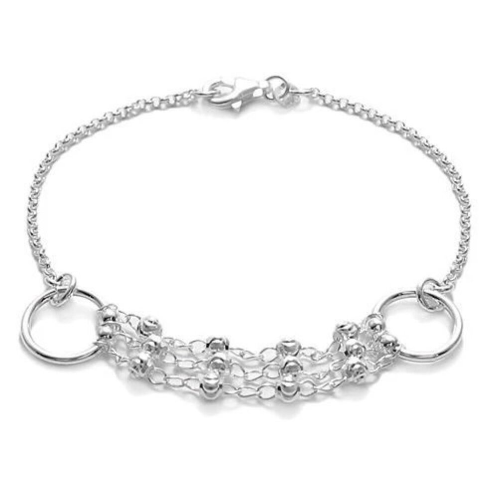 DASHING STERLING SILVER 7" TRIPLE STRAND BEADS AND RINGS BRACELET